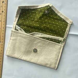 Small Envelope Coin Pouch Clutch Bag Beige Canvas Green Polka‎ Dot Lined